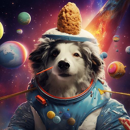 a tricolor sheep dog with a plastic cone around his head floating in space stoned, surrounded by delicious dog snacks