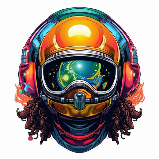 a trippy african American spaceman logo, the african American spaceman has locs hanging out of the helmet, very colorful and psychedelic