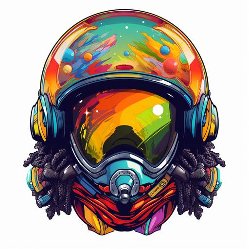 a trippy african American spaceman logo, the african American spaceman has locs hanging out of the helmet, very colorful and psychedelic