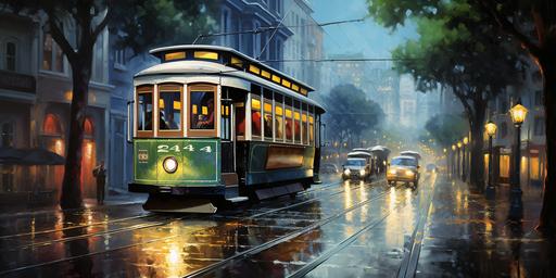 a trolley car climbing the street of san francisco poster print, in the style of pastel navy blue, lime green, burgundy and snow white, Inspired by Igor Morski   Magritte   Caspar David Friedrich   John Atkinson Grimshaw. rainy day theme, hyper-realistic city scape. High contrast of colors. Hyper-realistic, High contrast of colors. very long exposure time, slow speed shutter, blurry movements, 64K. HD, Ultra-Wide Angle, Depth of Field. Octane render, Intricate details. hyper-realistic, no signature, no label. --ar 64:32 --v 5.2