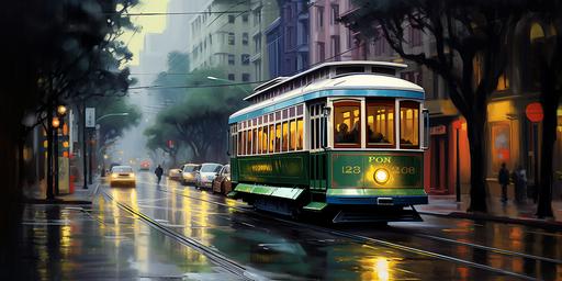 a trolley car climbing the street of san francisco poster print, in the style of pastel navy blue, lime green, burgundy and snow white, Inspired by Igor Morski   Magritte   Caspar David Friedrich   John Atkinson Grimshaw. rainy day theme, hyper-realistic city scape. High contrast of colors. Hyper-realistic, High contrast of colors. very long exposure time, slow speed shutter, blurry movements, 64K. HD, Ultra-Wide Angle, Depth of Field. Octane render, Intricate details. hyper-realistic, no signature, no label. --ar 64:32 --v 5.2