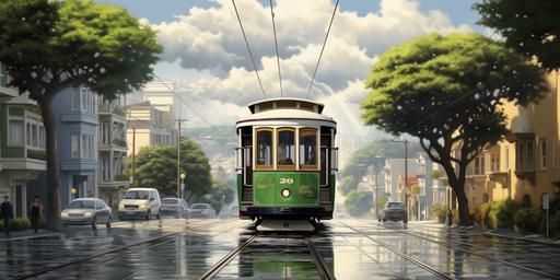 a trolley car climbing the street of san francisco to the sky poster print, in the style of light pastel blue, lime green, burgundy, and white, rice field terrace, Inspired by Igor Morski   Magritte   Caspar David Friedrich   John Atkinson Grimshaw. rainy day theme, hyper-realistic city scape. High contrast of colors. Hyper-realistic, High contrast of colors. very long exposure time, slow speed shutter, blurry movements, 64K. HD, Ultra-Wide Angle, Depth of Field. Octane render, Intricate details. hyper-realistic, no signature, no label. --ar 64:32 --v 5.2