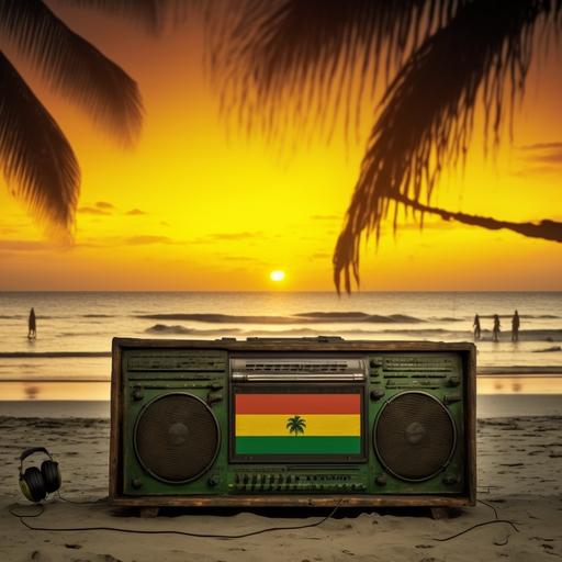 a tropical beach at the sunset with a impressive sound systeme with the rasta flag on