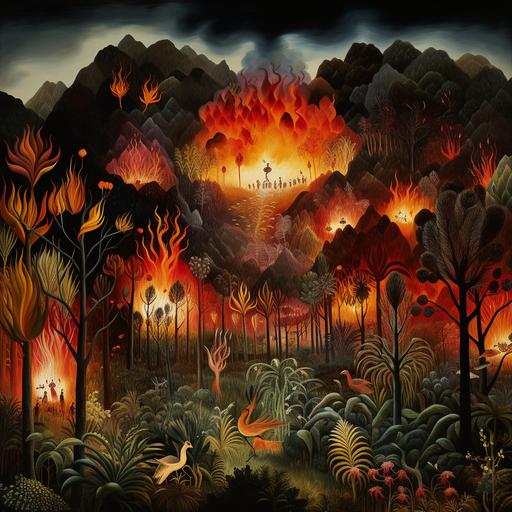a_tropical_forest_burning out with a lot of fire and animals and indian people runing away scare triyng to scape by Frida Kahlo