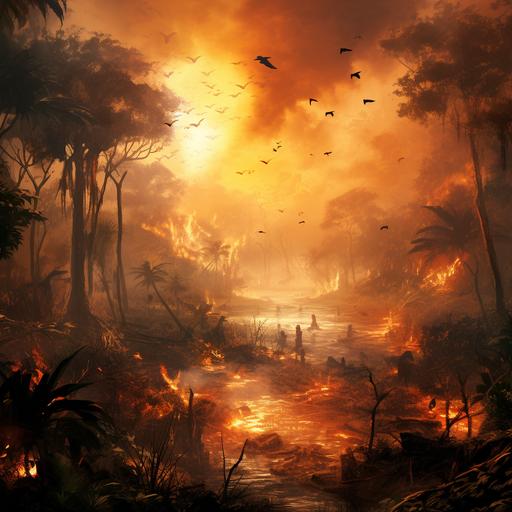a_tropical_forest_burning out with a lot of fire and animals and indian people runing away scare triyng to scape