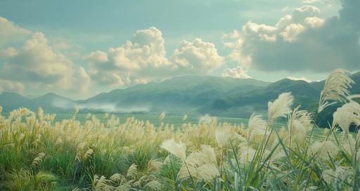 a tropical landscape with tall grass and beautiful mountains seen, in the style of hallyu, soft, dreamy scenes, kodak vision3 500t, frequent use of yellow, impressive panoramas, celebration of rural life, edogawa ranpo --ar 32:17 --v 6.0