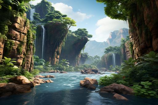 a tropical rainforest with grey and red rock cliffs and waterfalls falling into a river realistic photography, octane render --ar 3:2 --v 5.2