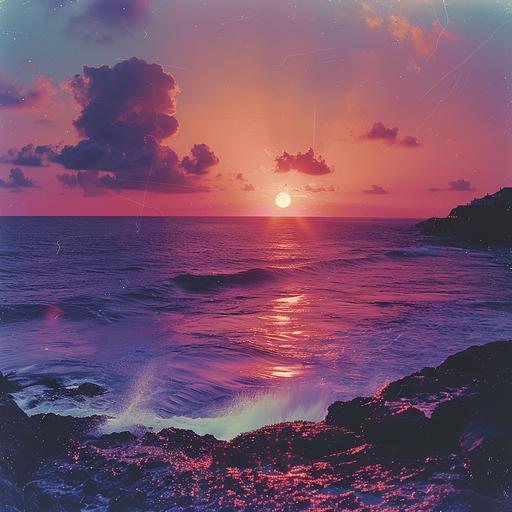 a tropical synthwave ocean sunset, neon pink purple orange, in the syle of vice, 80's film grain --s 250