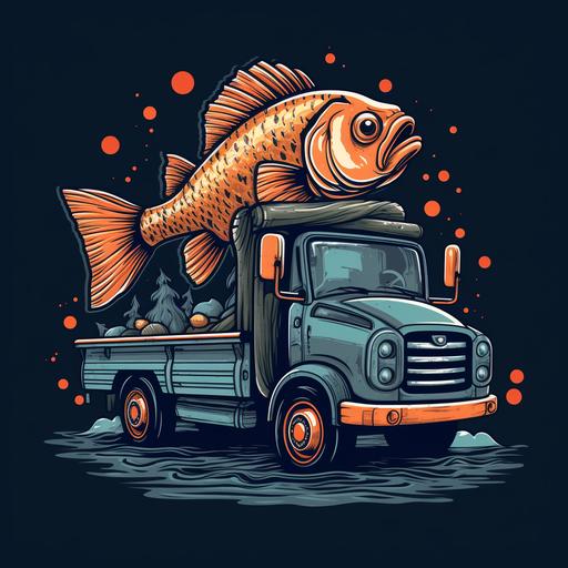 a truck and the truck is holding a fish rod catching fish , cartoon logo style for shirt