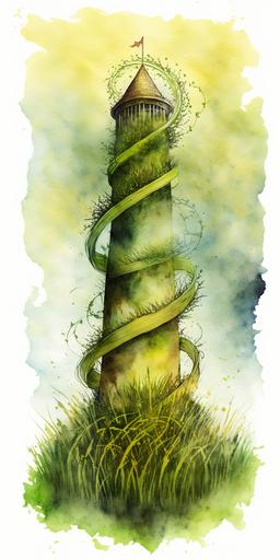 a twisting grass tower made of woven grass, reaching up into the sky, pollen floating, symbol of spring, watercolor --ar 1:2
