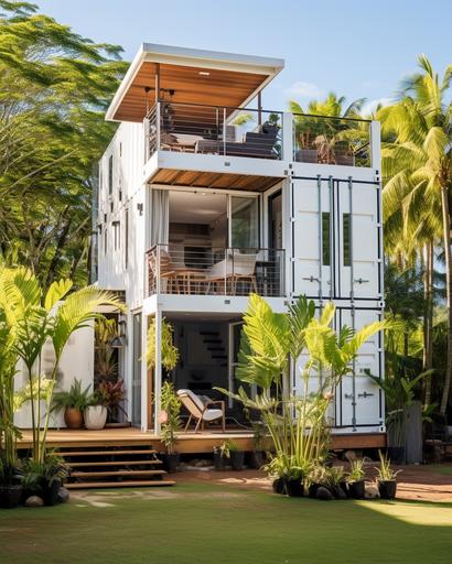 a two-story hawai-style shipping container home, large colums, white exterior, wood trellis --ar 4:5