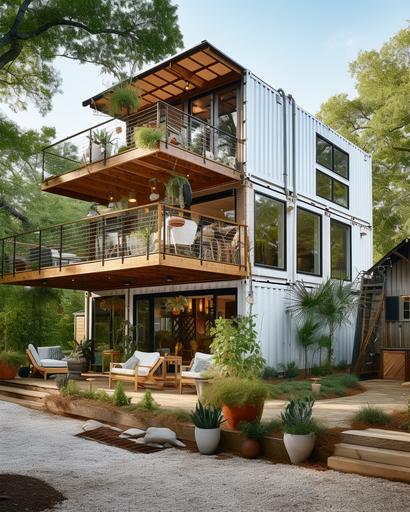 a two-story rustic-style shipping container home, large colums, white exterior, wood trellis --ar 4:5