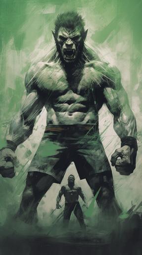 a ufc fight poster, green werewolf wearing mm shorts and mma gloves, pay per view, --ar 9:16