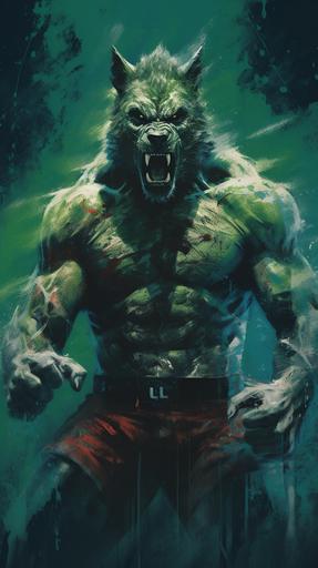 a ufc fight poster, green werewolf wearing mm shorts and mma gloves, pay per view, --ar 9:16