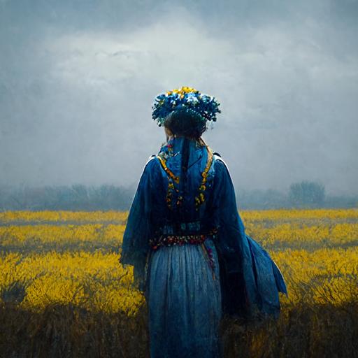 a ukrainian woman in a traditional costume of 19th century,  in the yellow wheat field,  hope, sadness,  on her head full of flowers wreath,   dark  blue and white ribbons flutter in the wind, fog, cinematic , aspect ratio  80x100 --uplight