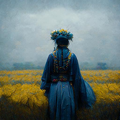 a ukrainian woman in a traditional costume of 19th century,  in the yellow wheat field,  hope, sadness,  on her head full of flowers wreath,   dark  blue and white ribbons flutter in the wind, fog, cinematic , aspect ratio  80x100