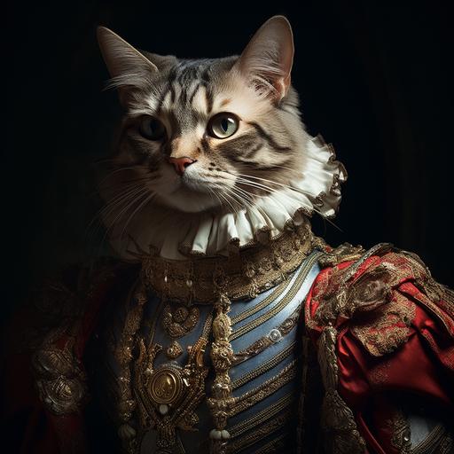 a ultra detailed medieval princely cat in ruffled collar and elaborate clothing