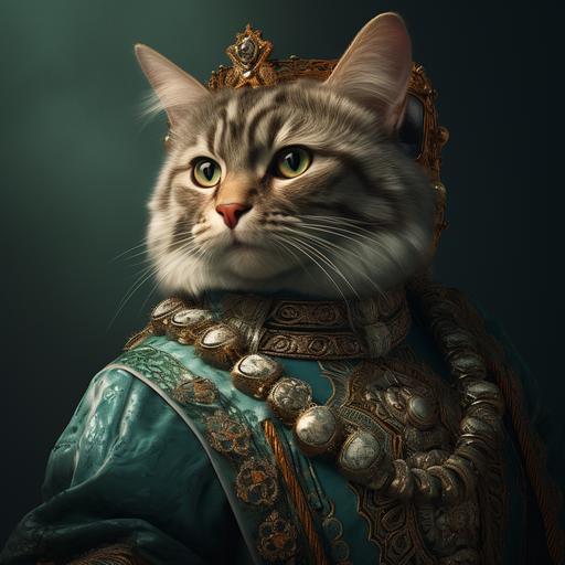 a ultra detailed medieval princely cat in ruffled collar and elaborate clothing