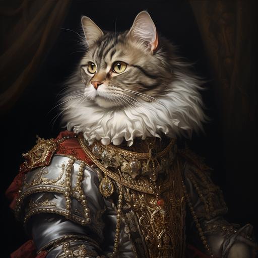 a ultra detailed medieval regal cat in ruffled collar and elaborate clothing in oil painting style