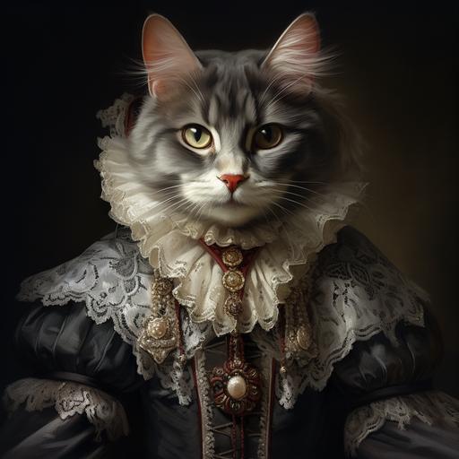 a ultra detailed medieval regal cat in ruffled lace collar and elaborate clothing in oil painting style