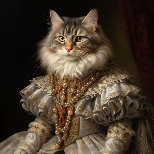 a ultra detailed medieval regal cat in ruffled lace collar and elaborate clothing in oil painting style