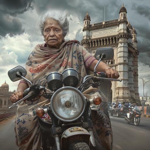 a ultra realistic image of a old lady from Hyderabad dressed in a cotton saree driving a Triump motorcycle on the streets of Hyderabad with charminar as a backdrop