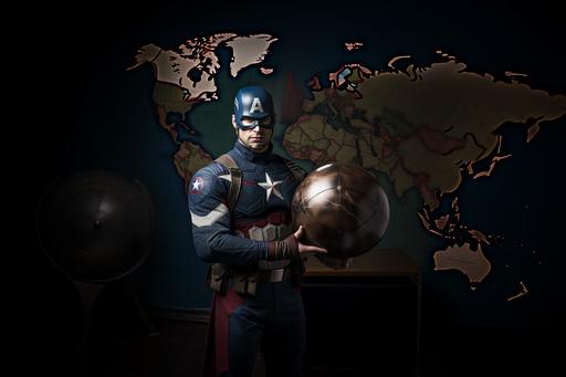 a ultra realistic photo of Captain America standing in classroom with a globe in his arms. --ar 3:2