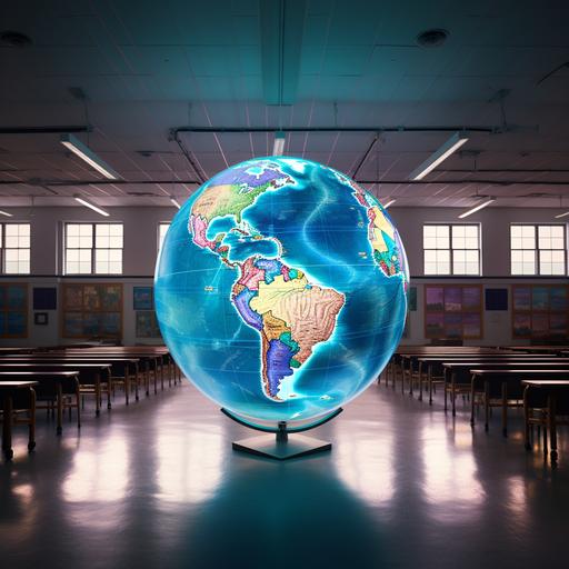 a ultra realistic photo of a giant illuminating globe in the middle of a school classroom. The globe looks futuristic and neon but is realistic as to the map of the world on it. ar 3:2