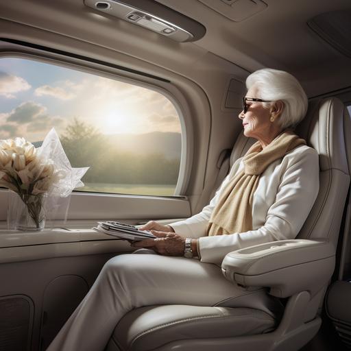 a ultrarealistic Imagine a scene inside a luxurious and modern Mercedes van. Daylight bathes the interior through tinted windows, creating a subtle play of shadows on the white leather surfaces that cover the seats and panels. In the center of the van, an elderly lady sits elegantly on the rear seat, dressed in a light silk dress with a matching shawl. Her silver hair is carefully styled, and she wears a pair of chic sunglasses. The leather seats are flawless, and plush cushions are arranged around her for added comfort. Next to her, a matching leather handbag rests on the seat. The lady gazes out the window with a contemplative expression, while the inside of the van is bathed in soft light, creating a peaceful and serene atmosphere.