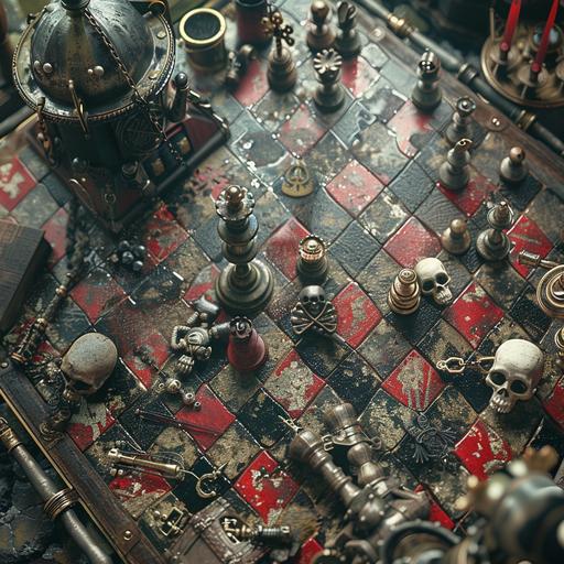a unfathomable tilt shift lens top view photography of a space pirate’s cyberpunk chessboard and chess pieces with pirate symbols, dagger, spyglass, skulls, Jolly Roger flag, good luck amulets, Four-leaf clover, in the style of nikon d850, in the style of Piet Mondrian and Vassily Kandinsky, Spacekrakencore, dark madder red, sepia, black, olive green, smoky gray and white colors --v 6.0 --style raw --s 250