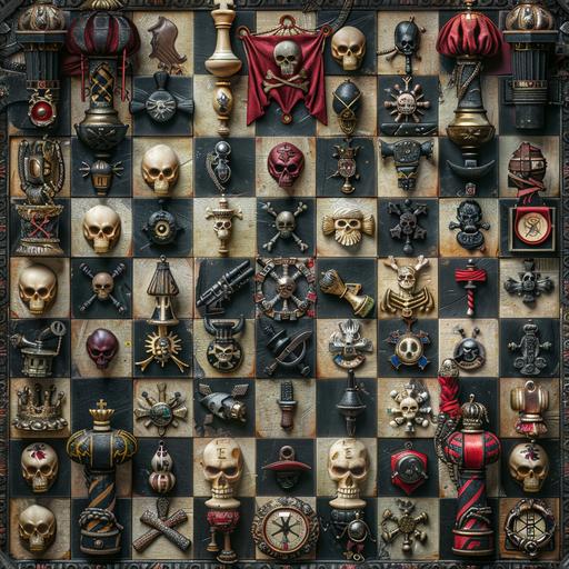a unfathomable tilt shift lens top view photography of a space pirate’s cyberpunk chessboard and chess pieces with pirate symbols, dagger, spyglass, skulls, Jolly Roger flag, good luck amulets, Four-leaf clover, in the style of nikon d850, in the style of Piet Mondrian and Vassily Kandinsky, Spacekrakencore, dark madder red, sepia, black, olive green, smoky gray and white colors --v 6.0 --style raw --s 250