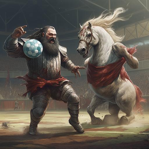 a unicorn fighting a titan on a football field, where the judge of the fight is a short fat man with a beard