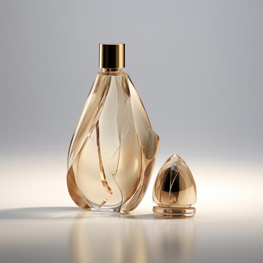 a unisex perfume bottle, clear glass with beige liquid inside and an elegant stone cap, it looks elegant, grounding and futuristic