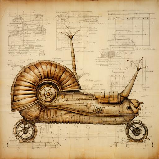 a v8 powered snail, technical drawing, titles, diagrams and labels, on papyrus paper, aged, davinci