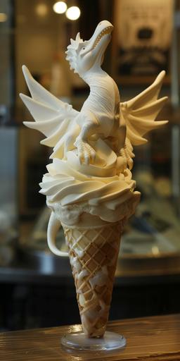 a vanilla ice cream cone with the ice cream sculpted to look like an archaeopteryx, featuring a realistic and creamy texture, melted cream, photorealistic, --ar 1:2 --v 6.0 --style raw