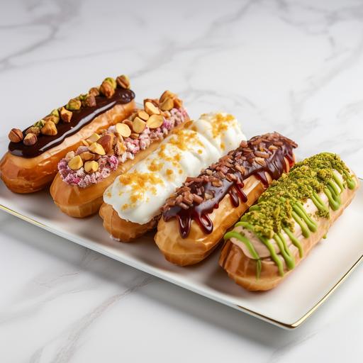 a variety of eclairs with different toppings, including, vanilla cream, pistachios, wallnuts, caramel. Served in a contemporary light environment