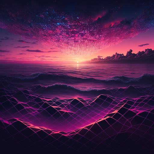 a vast ocean with blockchain nodes reflecting a pink and purple sunset, 4k, wallpaper