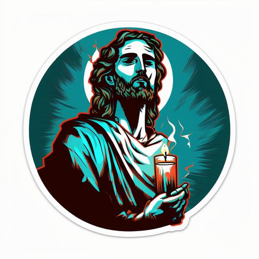 a vector illustration of Jesus holding a candle. Sticker Style.