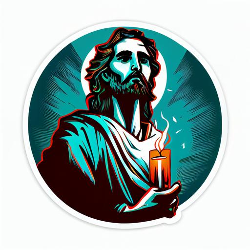 a vector illustration of Jesus holding a candle. Sticker Style.