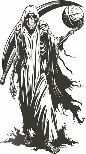 a vector style line drawing of an all white grim reaper with a scythe in one hand and the other hand with arm extended in front of him holding a basketball, tattoo style line art, menacing, single color vector --ar 9:16 --v 6.0