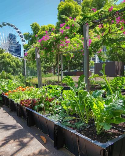 a vegetable garden with a row of above ground foodcube wicking bed matte black square plastic planter boxes foodcube wicking bed planterbox filled with colourful vegetables. just behind the garden you can see the southbank grand curved stainless steel arbour covered in pink bougainvillea and the brisbane wheel is in the very far distance. cinematic 4k photo realism --ar 4:5