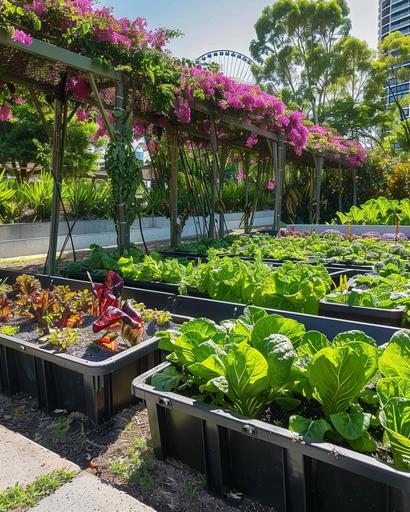 a vegetable garden with a row of above ground matte black square plastic planter boxes foodcube wicking bed planterbox filled with colourful vegetables. just behind the garden you can see the southbank grand arbour covered in pink bougainvillea and the brisbane wheel is in the very far distance. cinematic 4k photo realism --ar 4:5