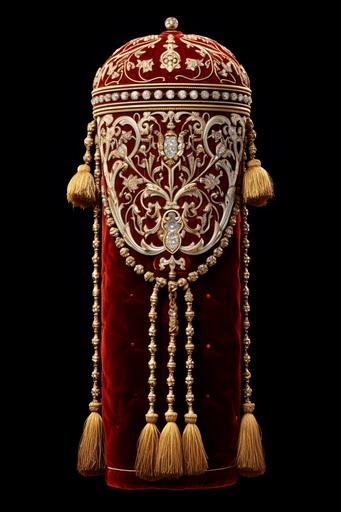 a velvet Torah scroll mantle cover, with bells and whistles, fine silver embroidery, gold string tassels --s 225 --ar 2:3