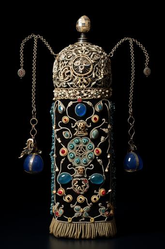 a velvet Torah scroll mantle, with bells and whistles, fine silver embroidery, Jewish symbology in the style of chagall, gold string tassels --s 225 --ar 2:3