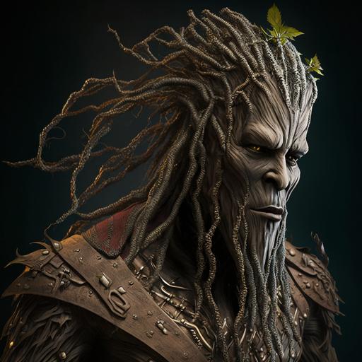a version reggae of Groot, with long dreadlocks of wigs ant roots and wood, fighting with many henchmen, throwing seeds, tying with lianas, punching with a wooden arm and so on.1080p, high definition, photorealistic, ultra realistic, 3d, 8k, 4k, real photo, details