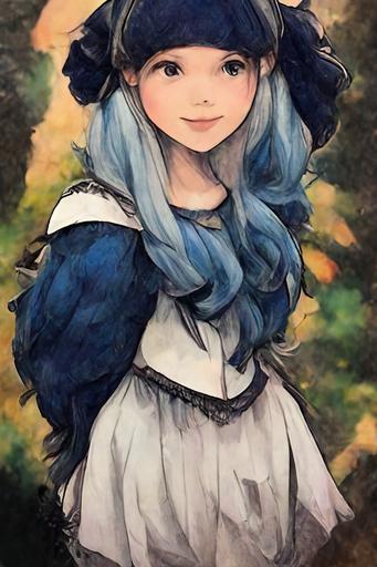 a very beautiful anime girl with blue twincle hair, very cute face, European maid style dressed, full body, forest, bird, sentimental, epic, Granblue Fantasy style, Final Fantasy tactics style, a Japanese manga Illustration style, Pencil style --ar 2:3 --uplight