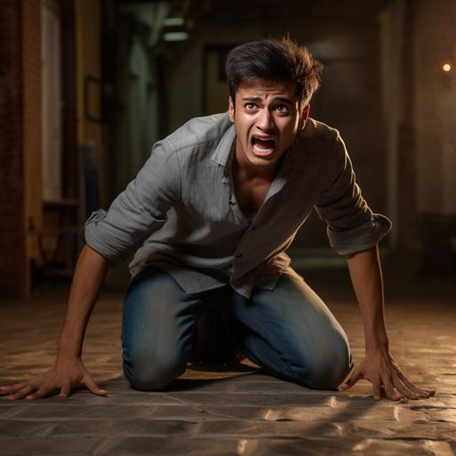 a very beautiful young slender clean shaven Indian college student is on his palms and knees on the floor, he is screaming as if has found something