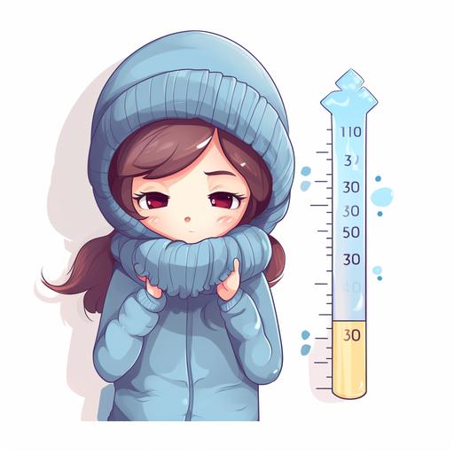 a very cold thermometer and a girl shivering, cartoon style, white background