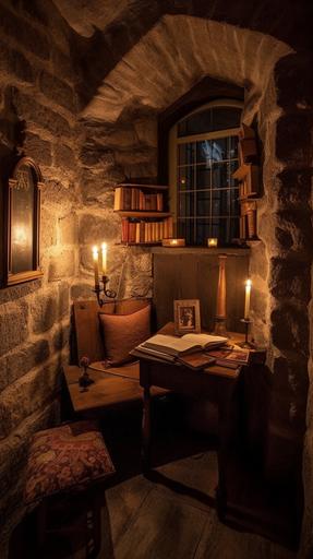 a very cosy book nook in a medieval castle, cosy candle lighting, --v 5.0 --ar 9:16