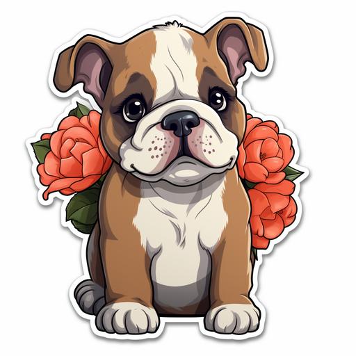 a very cute bulldog cartoon style holding a bouquet of flowers and hearts around his head sticker